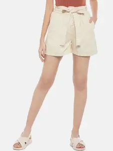 Honey by Pantaloons Women Beige High-Rise Pure Cotton Shorts With Belt