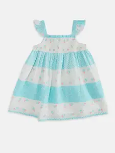 Pantaloons Baby Girls White & Blue A-Line Dress With Smocked Detail