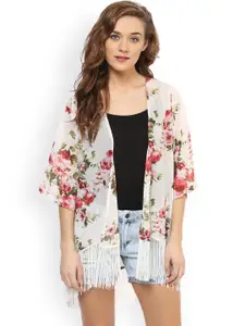 PURYS Off-White & Red Floral Print Fringed Shrug