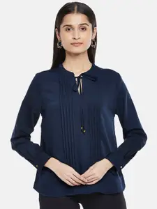 Annabelle by Pantaloons Navy Blue Tie-Up Neck Shirt Style Top