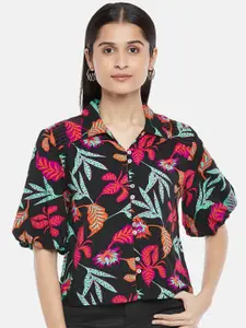People Black & Pink Floral Print Liva Shirt Style Crop Top