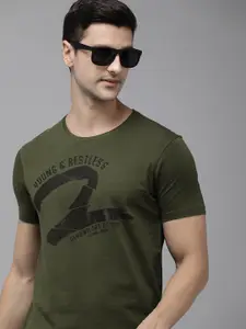 SPYKAR Men Green & Black Typography Printed Pure Cotton Slim Fit T-shirt
