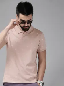 The Roadster Lifestyle Co Men Dusty Pink & White Printed Pure Cotton Polo Collar T-shirt