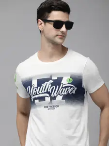 SPYKAR Men Grey Melange & White Typography Printed Pure Cotton Slim Fit T-shirt