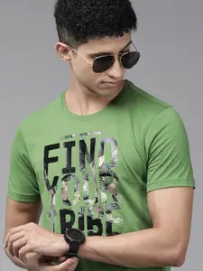 SPYKAR Men Green & Black Typography Printed Pure Cotton Slim Fit T-shirt