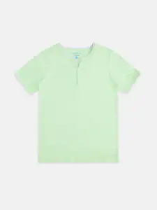 Pantaloons Junior Boys Green Pure Cotton Henley Neck T-shirt