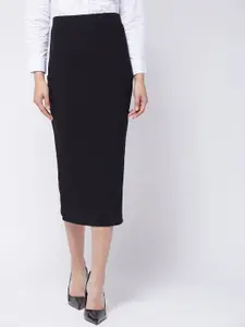 Purple Feather Women Black Solid Stretchable Midi Pencil Skirt