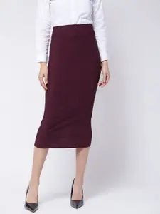 Purple Feather Women Maroon Solid Stretchable Midi Pencil Skirt