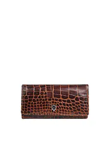 CALFNERO Women Brown & Red Textured Cut Work Leather Three Fold Wallet