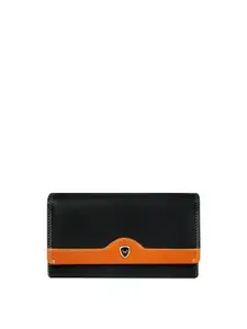 CALFNERO Women Black & Orange Colourblocked Leather Three Fold Wallet