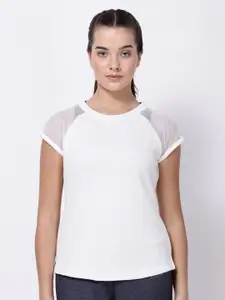 STUDIOACTIV Women Off White Self Design Raglan Sleeves Regular Fit T-shirt
