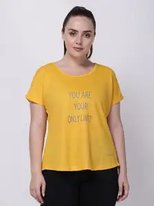 STUDIOACTIV Women Gold-Toned Typography Printed Drop-Shoulder Sleeves T-shirt