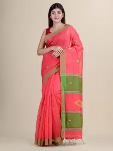 Laa Calcutta Pink & Green Woven Design Silk Cotton Jamdani Handloom Saree