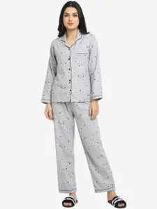 shopbloom Women Grey Printed Cotton Night suit