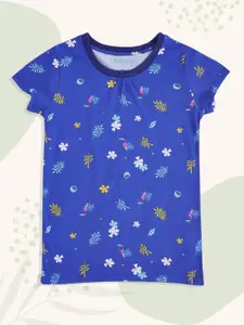 Pantaloons Junior Girls Blue Floral Printed Cotton T-shirt