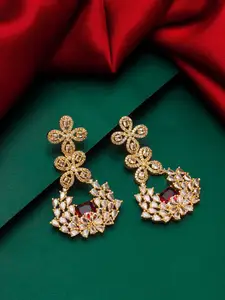 aadita Gold-Plated White & Red Stone-Studded Drop Earrings