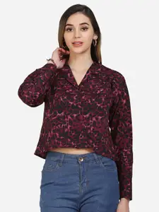Selvia Women Maroon & Black Animal Print Crepe Shirt Style Crop Top