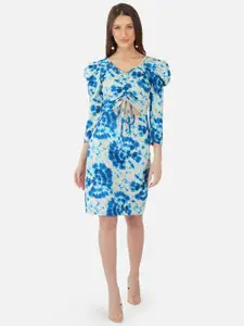 Selvia Blue & Beige Tie & Dye Printed Scuba A-Line Dress
