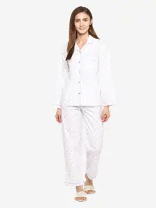 shopbloom Women White & Purple Polka Dots Printed Cotton Night Suit