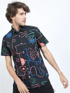 LOCOMOTIVE Men Black & Blue Slim Fit Abstract Printed Cotton Casual Shirt