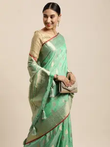 Saree Swarg Sea Green & Gold-Toned Ethnic Motifs Zari Silk Blend Banarasi Sarees