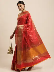 Saree Swarg Red & Gold-Toned Ethnic Motifs Zari Silk Blend Banarasi Sarees
