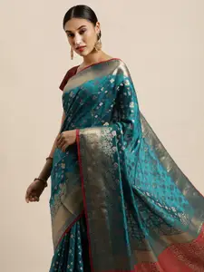 Saree Swarg Teal Blue & Gold-Toned Ethnic Motifs Zari Silk Blend Banarasi Sarees