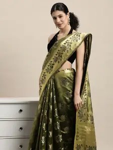 Saree Swarg Green & Gold-Toned Floral Zari Organza Banarasi Sarees