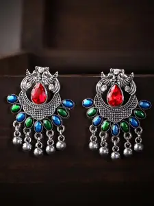 Rubans Women Silver-Toned & Red Crescent Shaped Chandbalis Earrings