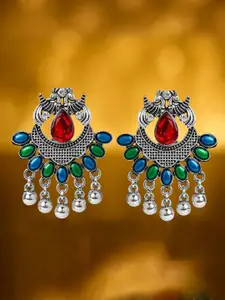 Rubans Oxidised Silver-Plated Red Blue & Green stone Studded & Ghungroo Beads Chandballis