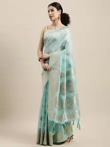 SANGAM PRINTS Blue & Golden Woven Design Zari Saree