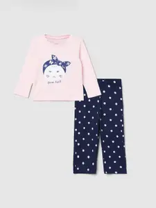 max Girls Pink & Navy Blue Polka Dots Printed Pure Cotton T-shirt with Pyjamas