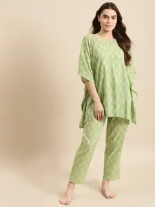Prakrti Women Green Printed Cotton Night suit