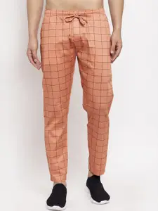JAINISH Men Orange & Black Checked Tapered-Fit Pure Cotton Track Pant