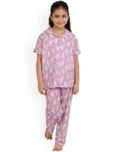 frangipani Girls Pink & White Printed Pure Cotton Night Suit