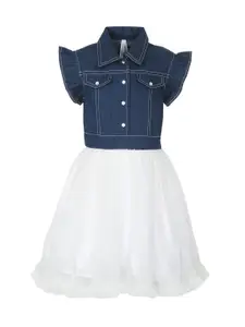 StyleStone Girls Blue & White Solid Fit and Flare Dress