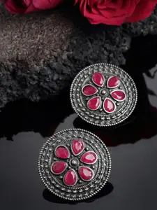 PANASH Oxidized Pink Stone Studded Circular Stud Earrings