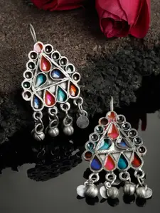 PANASH Oxidized Silver-Toned Multicoloured Enamelled Geometric Shaped Drop Earrings