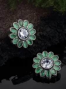 PANASH Oxidized Silver -Toned Green Stone-Studded Floral Stud Earrings