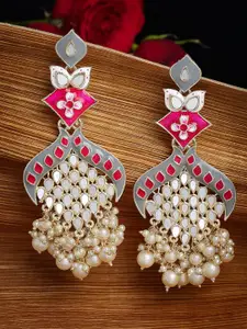 PANASH Gold-Plated Mirror Work Meenakari Floral Pearl Drop Earrings