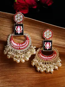 PANASH Gold-Plated Mirror Work Red Meenakari Pearl Chandbali Earrings
