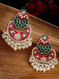 PANASH Gold-Plated Red & Green Meenakari Pearl  Chandbali Earrings