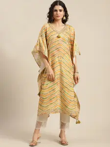 Varanga Women Yellow Striped Flared Sleeves Kaftan Kurta