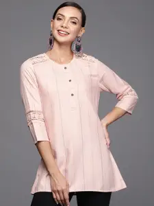 Indo Era Pink & Grey Striped Woven Design A-Line Kurti