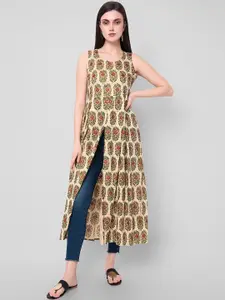 KALINI Women Beige & Olive Green Floral Printed A-line Kurta
