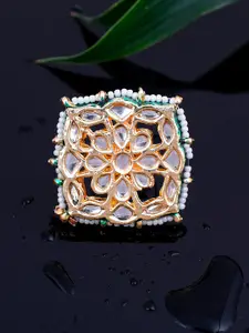Silvermerc Designs Gold-Plated & White Kundan-Studded & Beaded Meenakari Adjustable Finger Ring