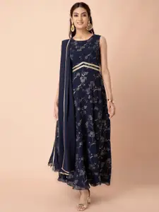 INDYA Blue Floral Georgette Ethnic Maxi Dress with Attached Dupatta