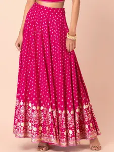 INDYA Women Pink & Golden Printed Flared Maxi Skirt