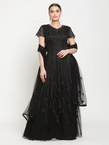 Stylee LIFESTYLE Women Black Embroidered Net Semi-Stitched Dress Material