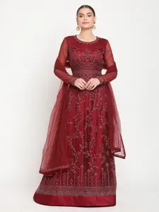 Stylee LIFESTYLE Women Maroon Embroidered Net Semi-Stitched Dress Material